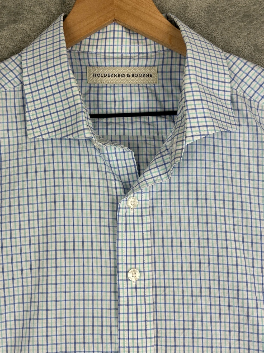 Holderness & Bourne Shirt Mens XL Blue Plaid Tailored Fit Picard Stretch - Picture 5 of 16